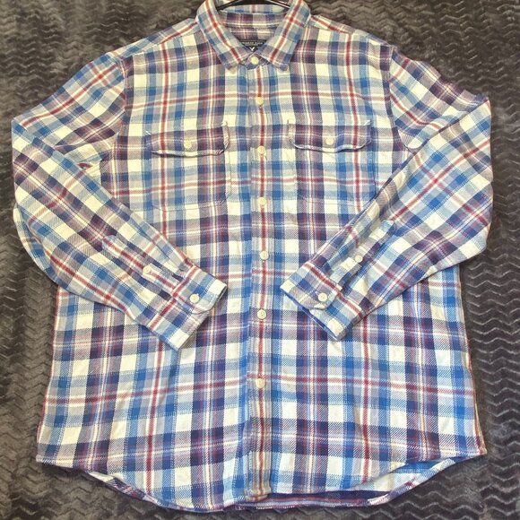 American Eagle Outfitters Mens XXL Long-Sleeve Blue Red Plaid Button-Down Shirt - Picture 2 of 9